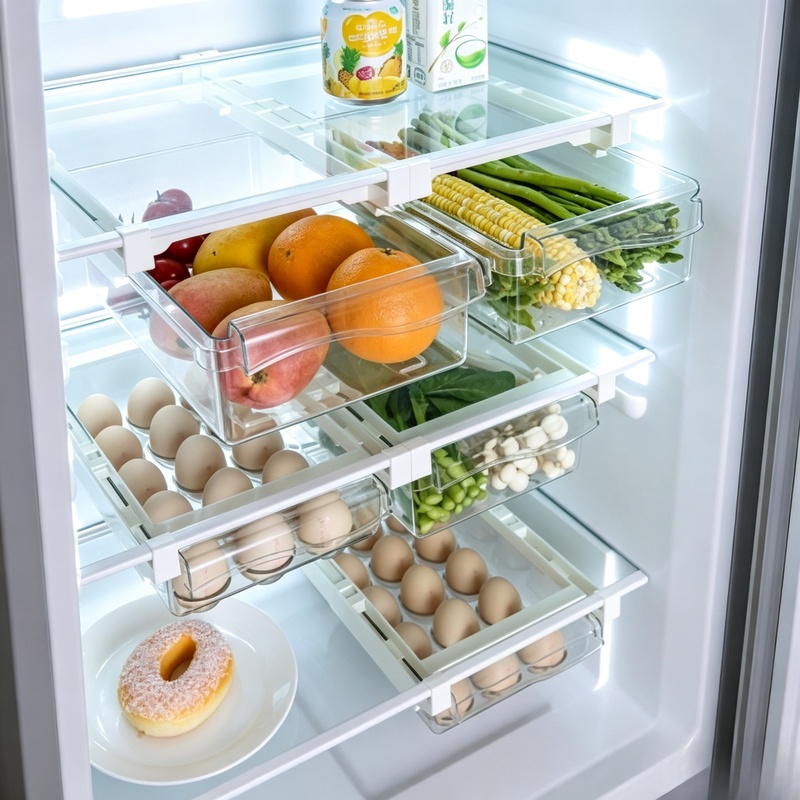 Food Storage With Dividers - 吊り下げ式スライドドロワー冷蔵庫収納ボックス、引き出し式プラスチック製冷蔵庫オーガナイザービン、省スペースキッチン食品容器
