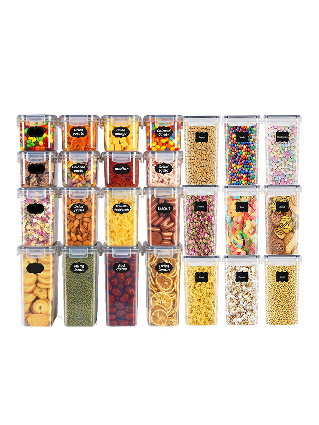 Food Storage Meals - 48個入り、蓋付き密封食品保存容器、プラスチック製キッチンパントリー、乳糖、穀物、小麦粉、砂糖用の乾物保存瓶、ラベル付き